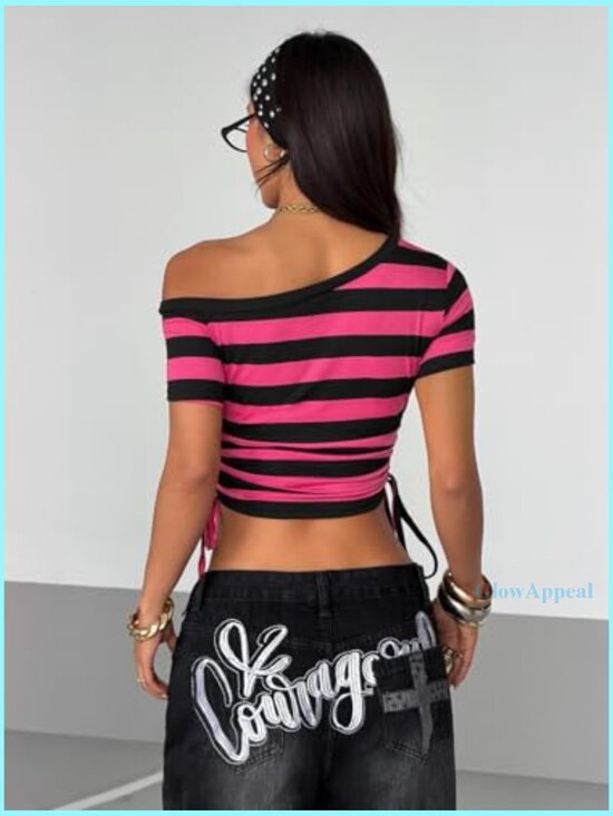 Off Shoulder Striped Tee with Ruched Sides Y2K Fitted Top - Picture 2 of 6